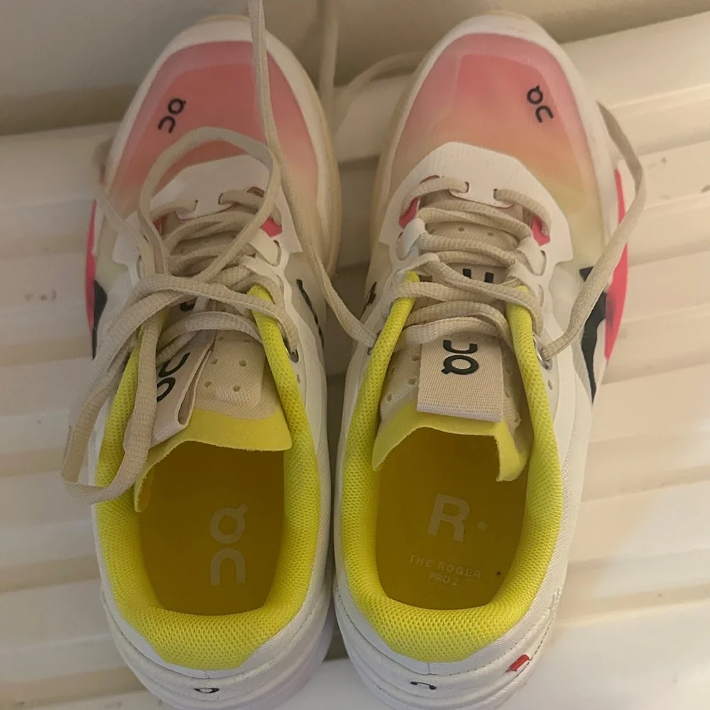 On Cloud Women's tennis Sneakers in Pink, Yellow, and White - Picture 4 of 6